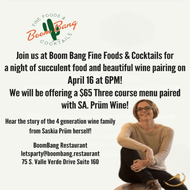 Dinner with Saskia Prüm April 16th @ Boom Bang Fine Foods
